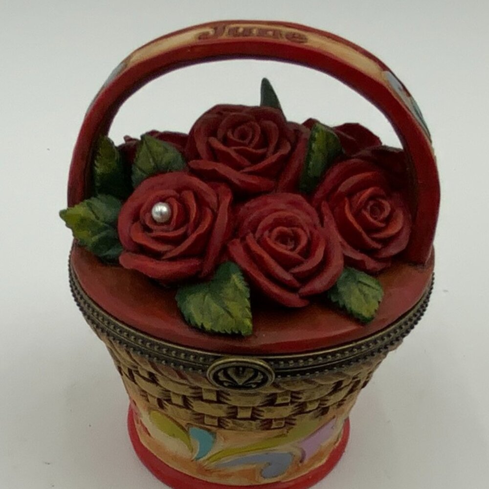 JIM SHORE JUNE BIRTH MONTH ROSE PEARL FLOWER BASKET TRINKET BOX